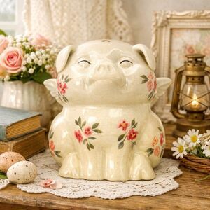 VTG. FLYING ANGEL PIG NIGHT LIGHT RED&PINK FLORAL CRACKLED FINISH WORKS GREAT.